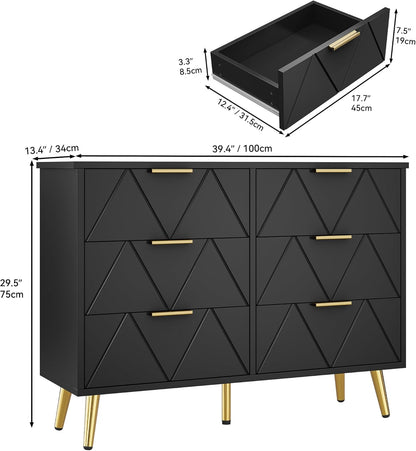 YITAHOME Bedroom Chest of Drawers 6 Contemporary Drawers Bedroom Furniture Large Wooden Chest of Drawers Sliding Drawer Office Living Room Furniture Black