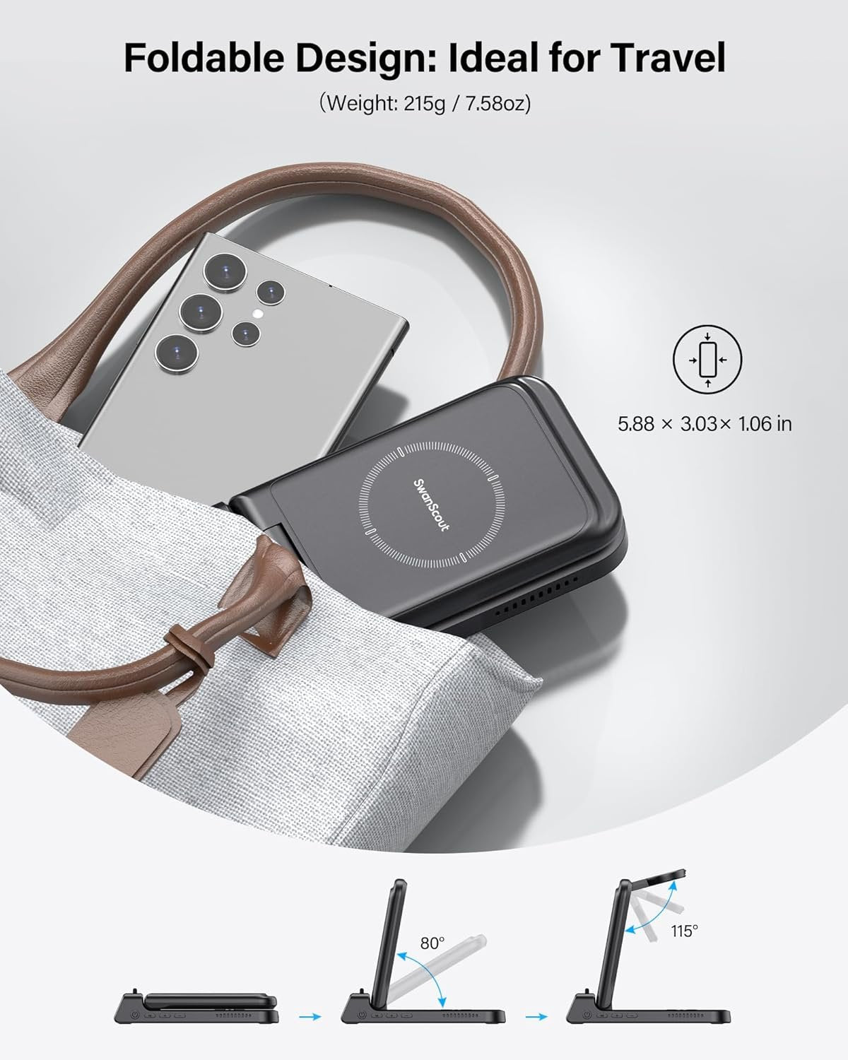 SwanScout 3 in 1 Wireless Charging Station for Samsung S25, Foldable Charger Dock for Galaxy Watch Ultra/7/6/5/4/FE, Galaxy S25/S24/Note20/Z Fold, Buds Pro/3/2, Model 703S (No Adapter) (Black)