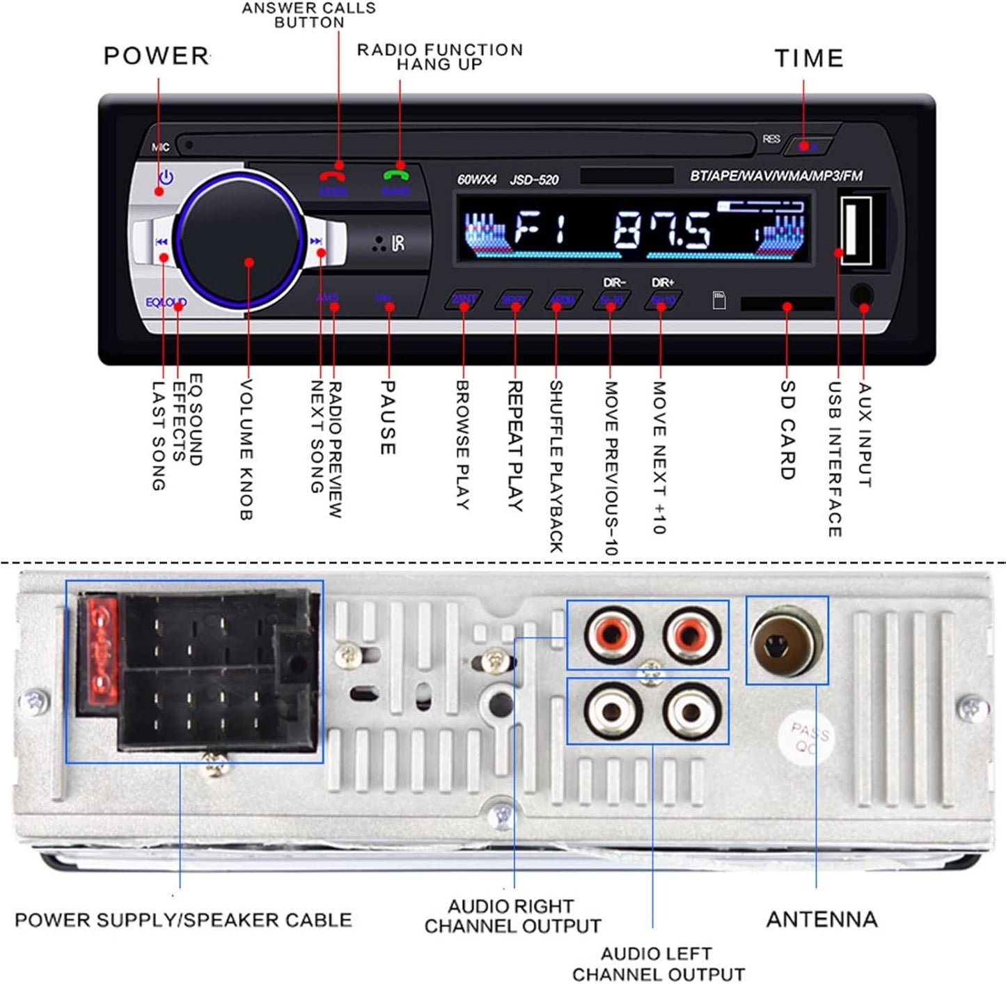 1 DIN Car Stereo Bluetooth Car Stereo, Single Din MP3 Player FM Radio Hands-Free Bluetooth 1 DIN Universal Support EQ/USB/TF/SD/AUX Audio Receiver + Remote Control