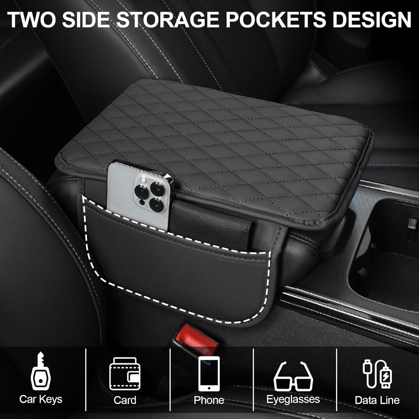Leather Car Armrest Cover, Universal PU Leather Center Console Cushion for Car, Waterproof Non Slip Arm Rest Seat Storage Box Mat Auto Interior Accessories