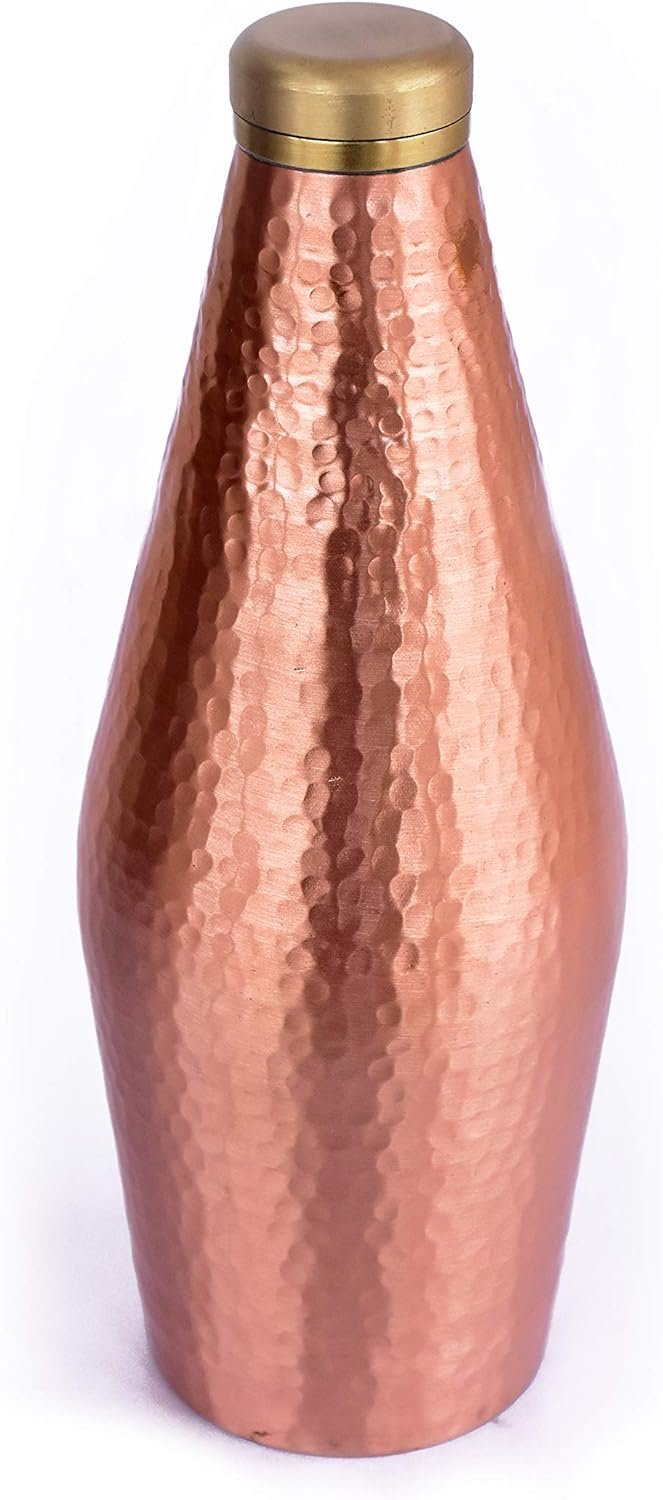 DeKulture Hand Hammered Vintage Pure Copper Water Bottle With Brass Knob Ideal Drinkware With Ayurveda and Yoga Benefits 3.5 x 9 (DH) Inches 800 ml