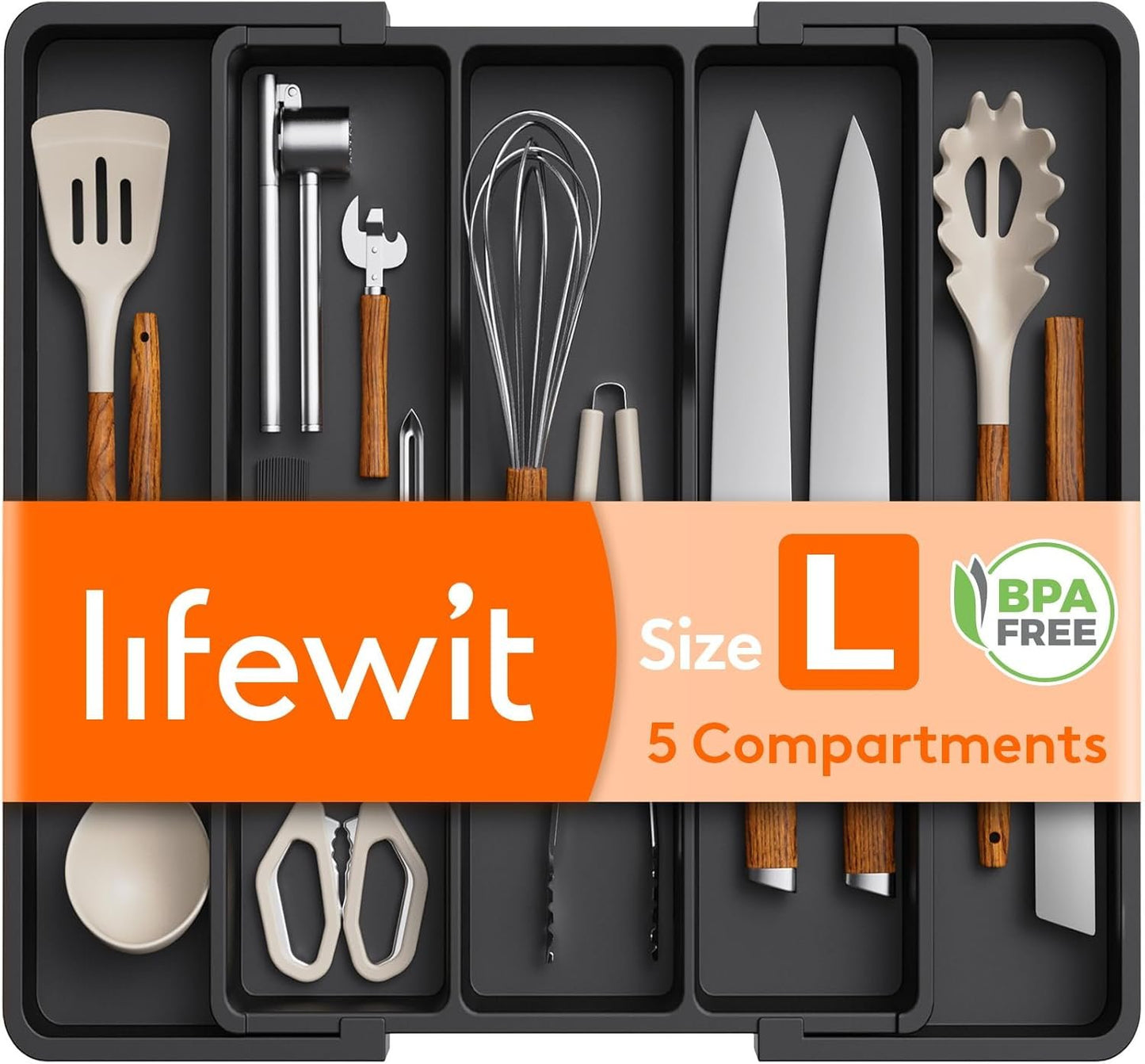 Lifewit Large Utensil Holder Kitchen Drawer Organizer, Expandable Cooking Utensil Set Cutlery Organizer Tray, Plastic Kitchen Organizers and Storage Drawer Divider, Black