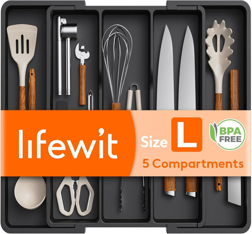 Lifewit Large Utensil Holder Kitchen Drawer Organizer, Expandable Cooking Utensil Set Cutlery Organizer Tray, Plastic Kitchen Organizers and Storage Drawer Divider, Black