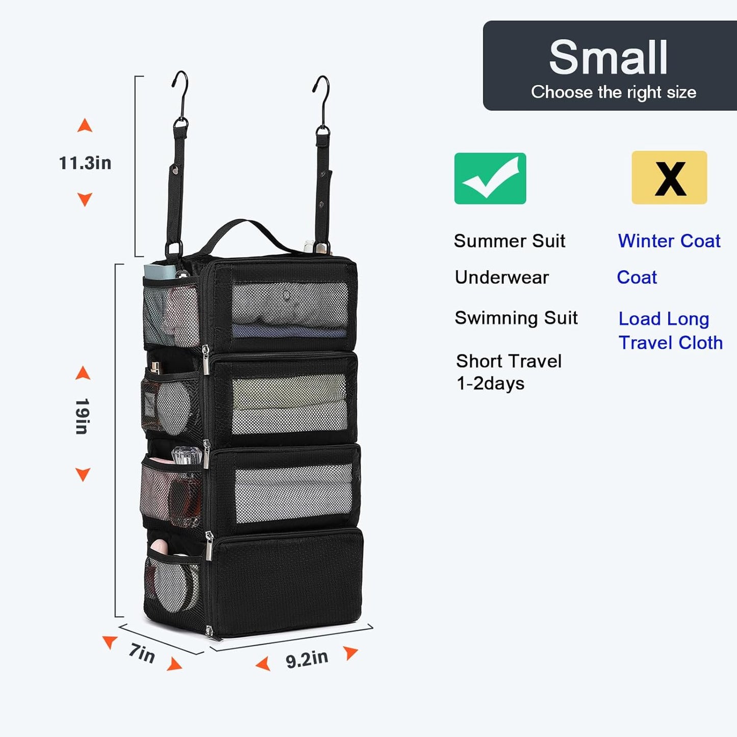 Hanging Suitcase Organizer, Travel Essentials Carry-on Collapsible Packing Cubes for Travel, Stow-N-Go Portable Hanging Closet Organizer Shelves Luggage Bag, Small, Black