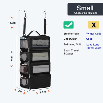 Hanging Suitcase Organizer, Travel Essentials Carry-on Collapsible Packing Cubes for Travel, Stow-N-Go Portable Hanging Closet Organizer Shelves Luggage Bag, Small, Black