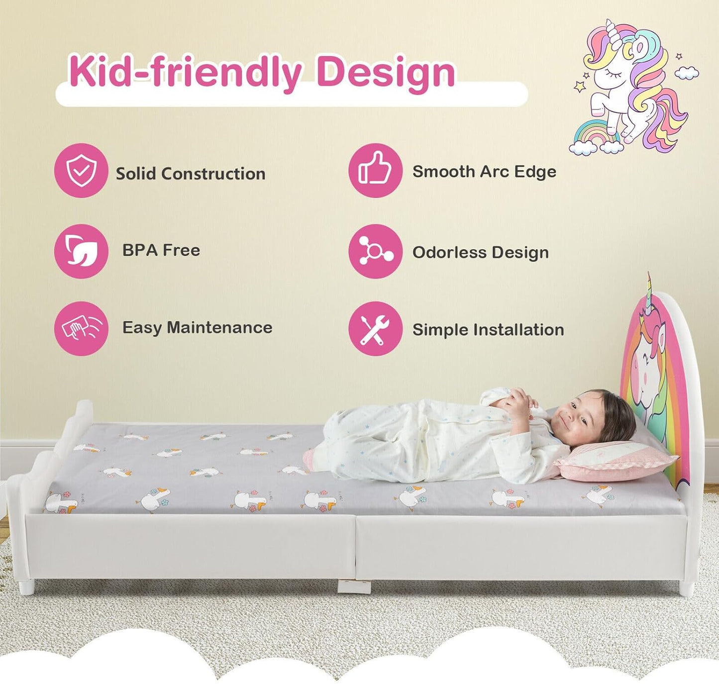HONEY JOY Single Bed Frames for Kids, Wood Upholstered Twin Bed Platform with Slat Support, Padded Headboard & Footboard, Girls & Boys Bed for Over 3 Years Old, Fits Standard Twin Mattress (Rainbow)