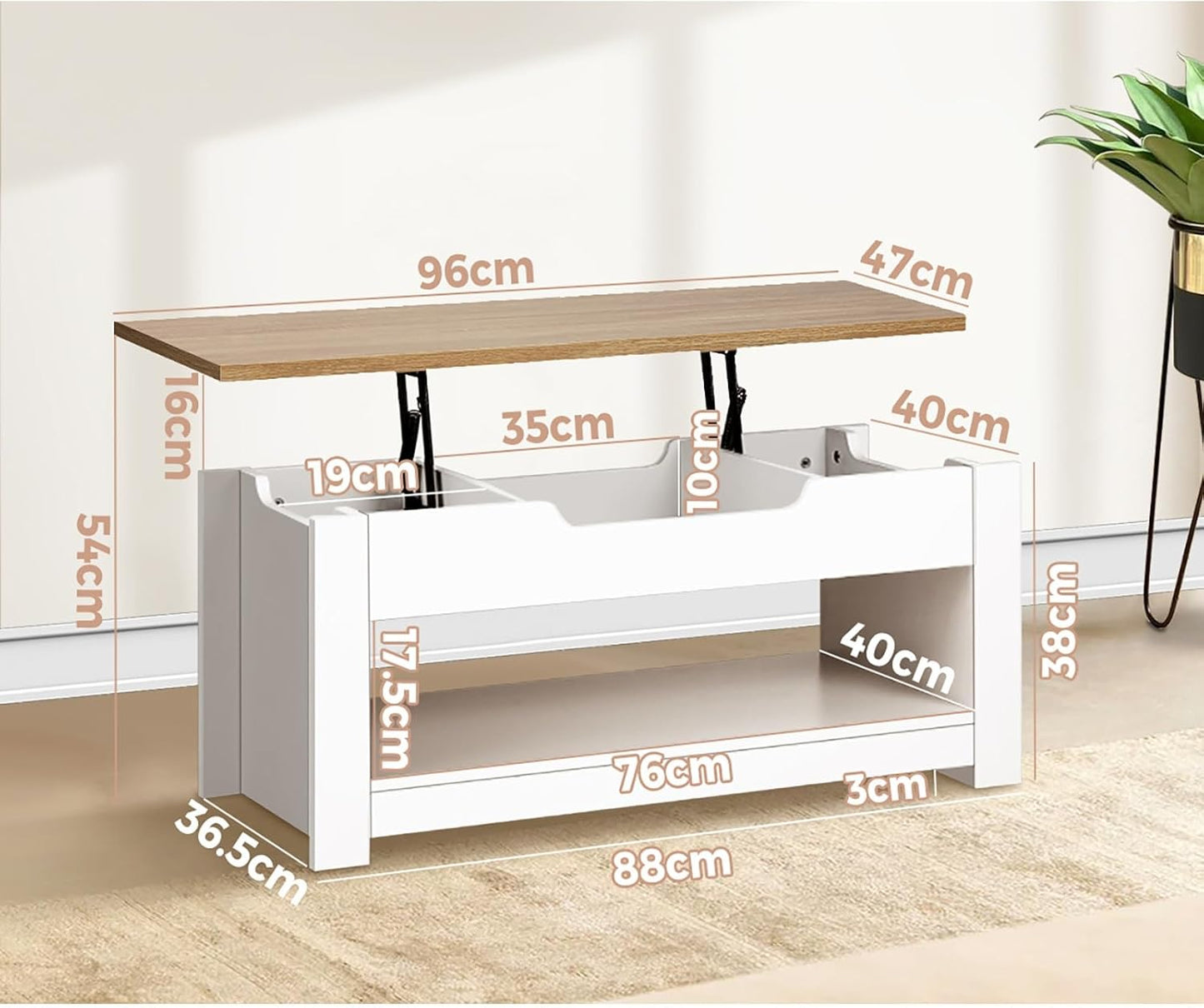 OIKITURE Lift Top Coffee Table with Hidden Compartment & Storage Shelf Space, Rising Tabletop Dining Table for Living Room Reception Room