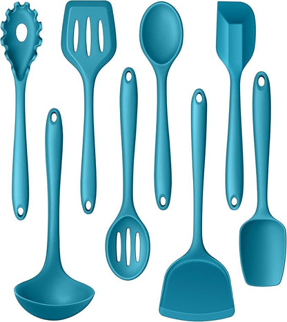 LIANYU 8Pcs Kitchen Utensils Set, Heat Resistant Cooking Utensils, Kitchen Tools Gadgets for Nonstick Cookware, Includes Silicone Spatula, Ladle, Spoon Turner, Dishwasher Safe, Blue