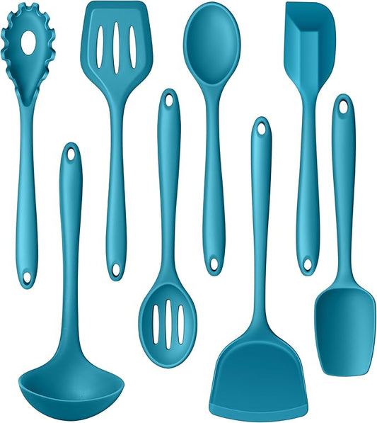 LIANYU 8Pcs Kitchen Utensils Set, Heat Resistant Cooking Utensils, Kitchen Tools Gadgets for Nonstick Cookware, Includes Silicone Spatula, Ladle, Spoon Turner, Dishwasher Safe, Blue