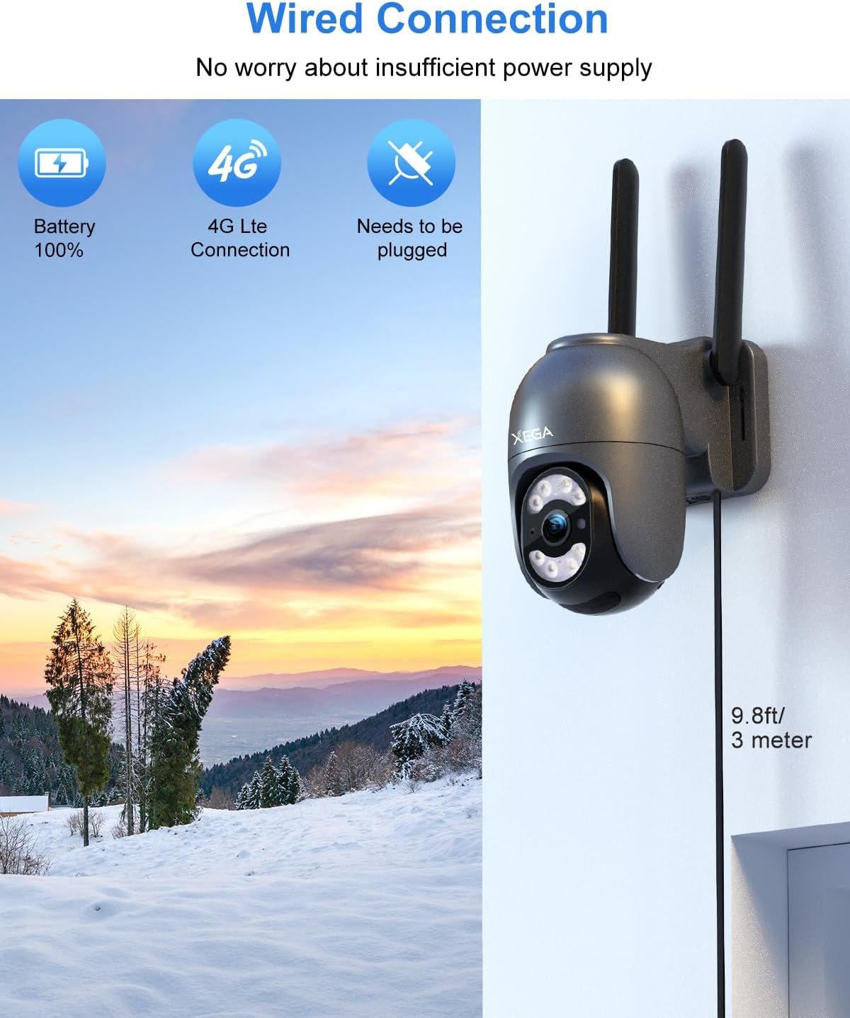Xega 4G LTE Security Camera Outdoor with SIM Cardã€Plug in 24/7 Recordingã€‘ 2K Wired 4G No WiFi Security Camera, IP PTZ CCTV Auto Tracking Human Detection Spotlight Siren Alert TF Cloud Storage IP66