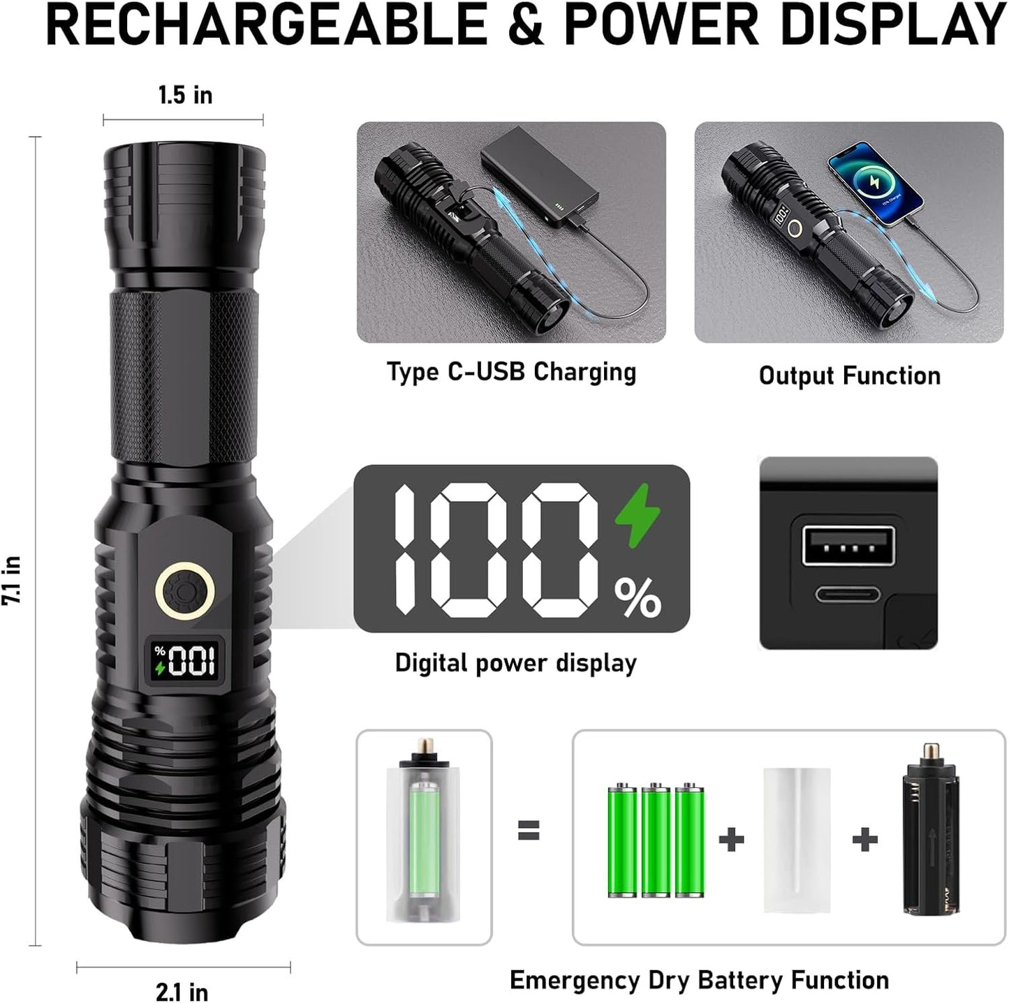 Flashlight rechargeable, 990000 High Lumens LED Flash Light, Super Bright Zoomable Lampe with LCD Digital Display, 5Modes Brightest Flashlights, Powerful Tactical Flashlight for Emergency Camping Gift