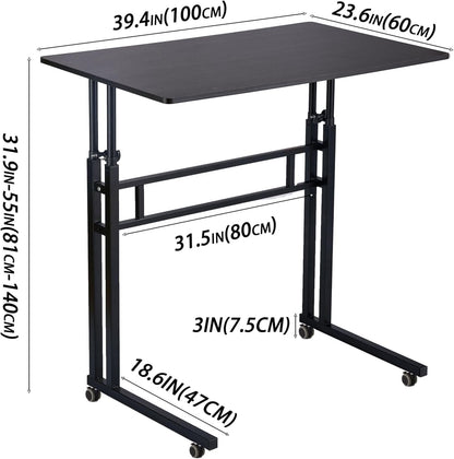 Aerkenga Standing Desk Small Computer Desk, 100 CM Height Adjustable Sit to Stand Desk, Rolling Mobile Desk Portable Laptop Desk for Home Office Use, Black