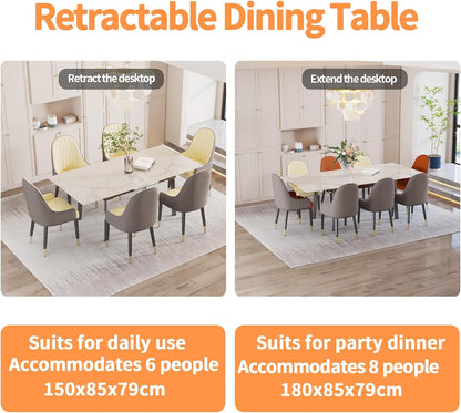 Extendable Dining Table Sintered Stone: Rectangular Kitchen Room Table Stretchable 150cm - 180cm Snow Mountain White Marble Texture Leaves Tables 6-8 Seater with Flat-Sided Oval Steel Legs