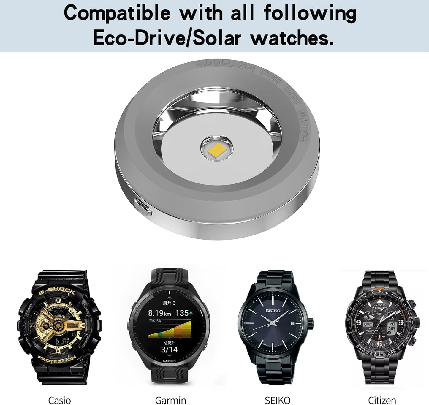 Rounkin Solar Watch Fast Charger-Watch Solar Charger Metal Base, Fast Heat Dissipation, Solar Power Portable Charger, Suitable for Casio/Citizen/Seiko/Garmin Solar Watch (Silvery)