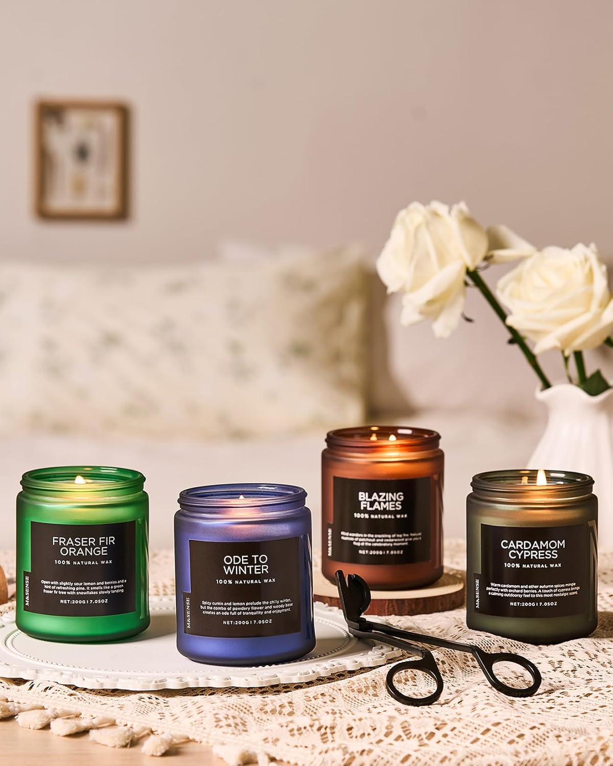 M&SENSE Blazing Flames Candle, 40 Hours Long Lasting Candle for Home Decor, 6.0oz Cade & Patchoulli Scented Candle, 2 Cotton Wick Natural Soy Wax for Celebration Holiday