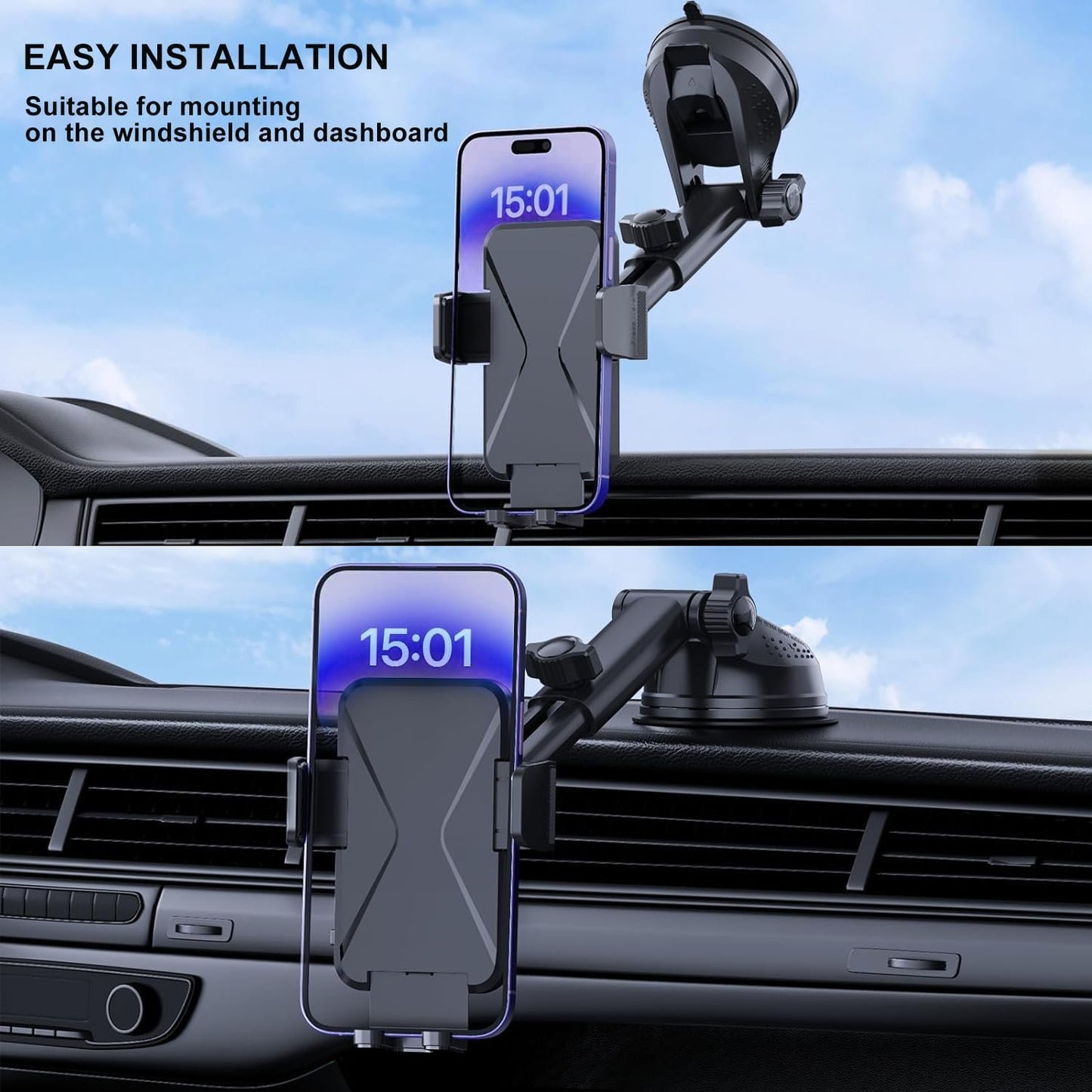 Car Phone Holder Phone Mount for Car Windshield Dashboard Automotive [Super Stable] Automobile Cell Phone Holder Fit for Most iPhone Android Smartphone