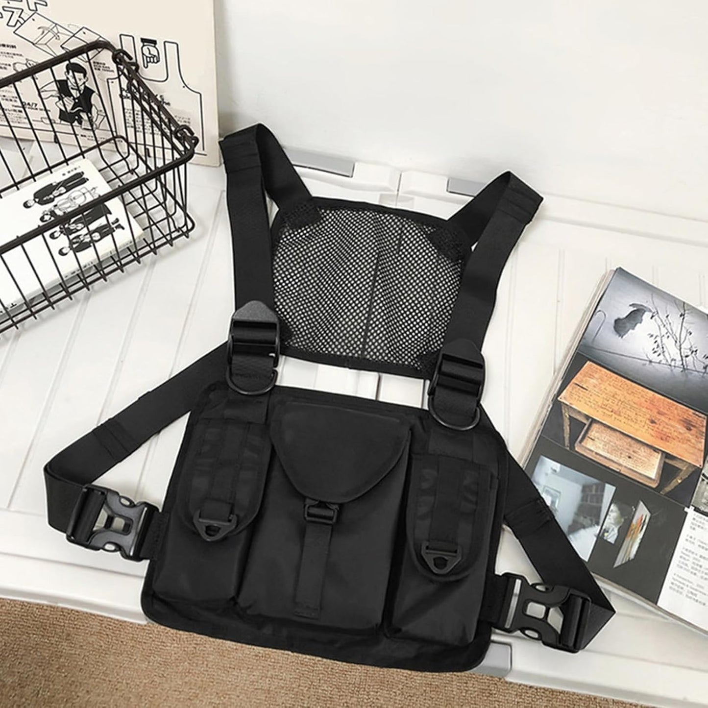 Vest Bag, Chest Pouch, Adjustable Shoulder Straps, Organizer, Multiple Pockets, Running Gear, Fishing Accessories, Outdoor Sports, Travel Gear, 28x23x2cm