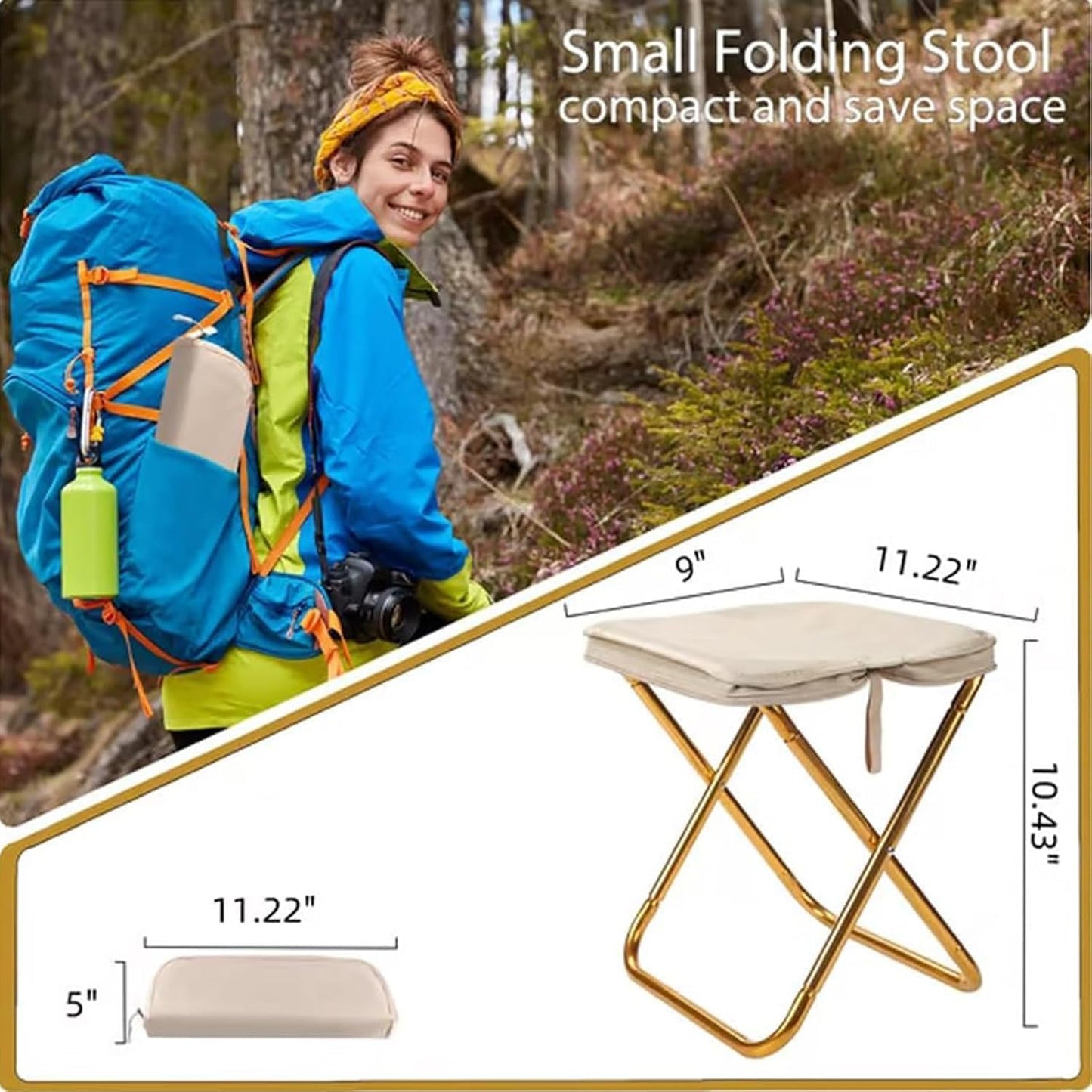 Mountaineering and Hiking Portable Stool (10.2 * 10.2 * 9.1 In),Outdoor Folding Camping Stools, Portable Camping Stool, Upgraded Foldable Design, Hold up to 330 Lbs,For Outdoor Travel,Beach (Khaki-B)