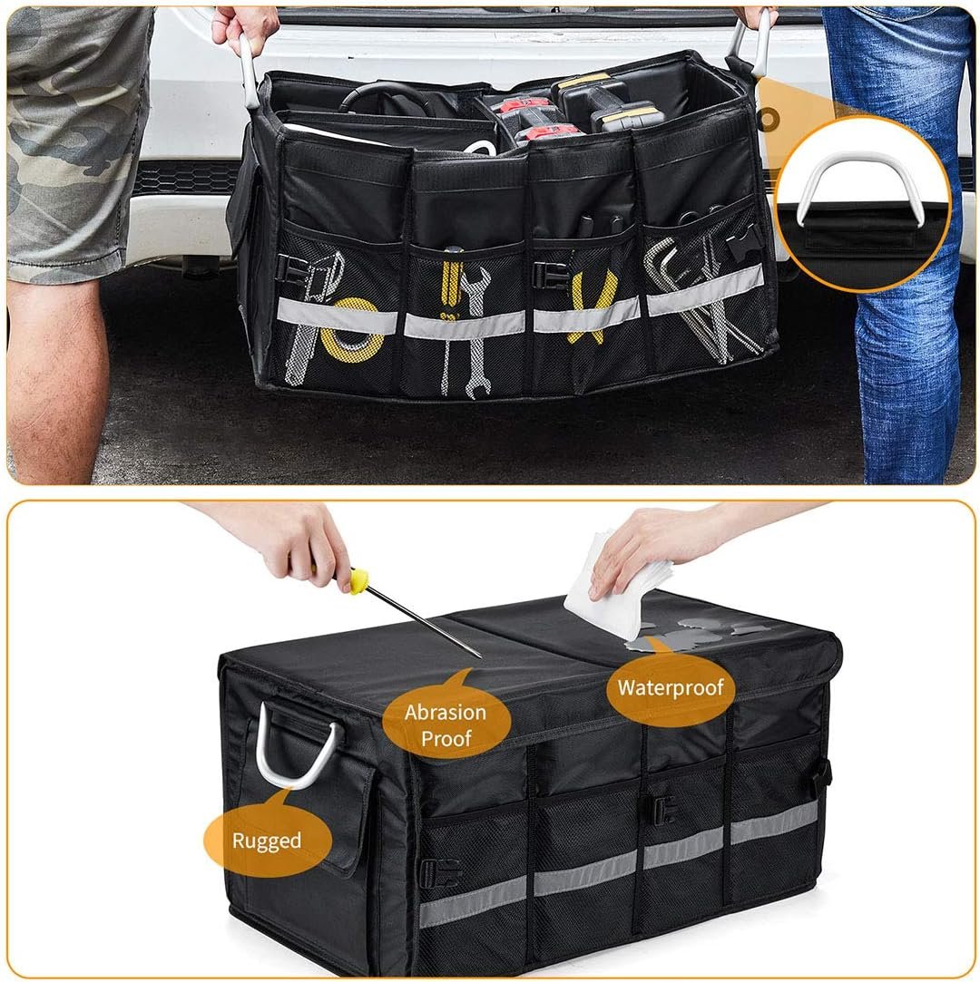 i BKGOO Car Trunk Organizer,Heavy Duty Collapsible Car Cube Storage Boxes with Lid,Foldable Cover,Car Cargo Trunk Storage Organizer Black