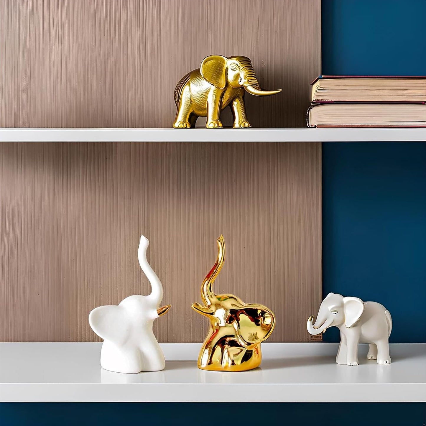 BIHOIB Home Decor Elephant Statues,1 Pair, Small Decorative Accents for Shelves, Livingroom and Bedroom, Gold and White