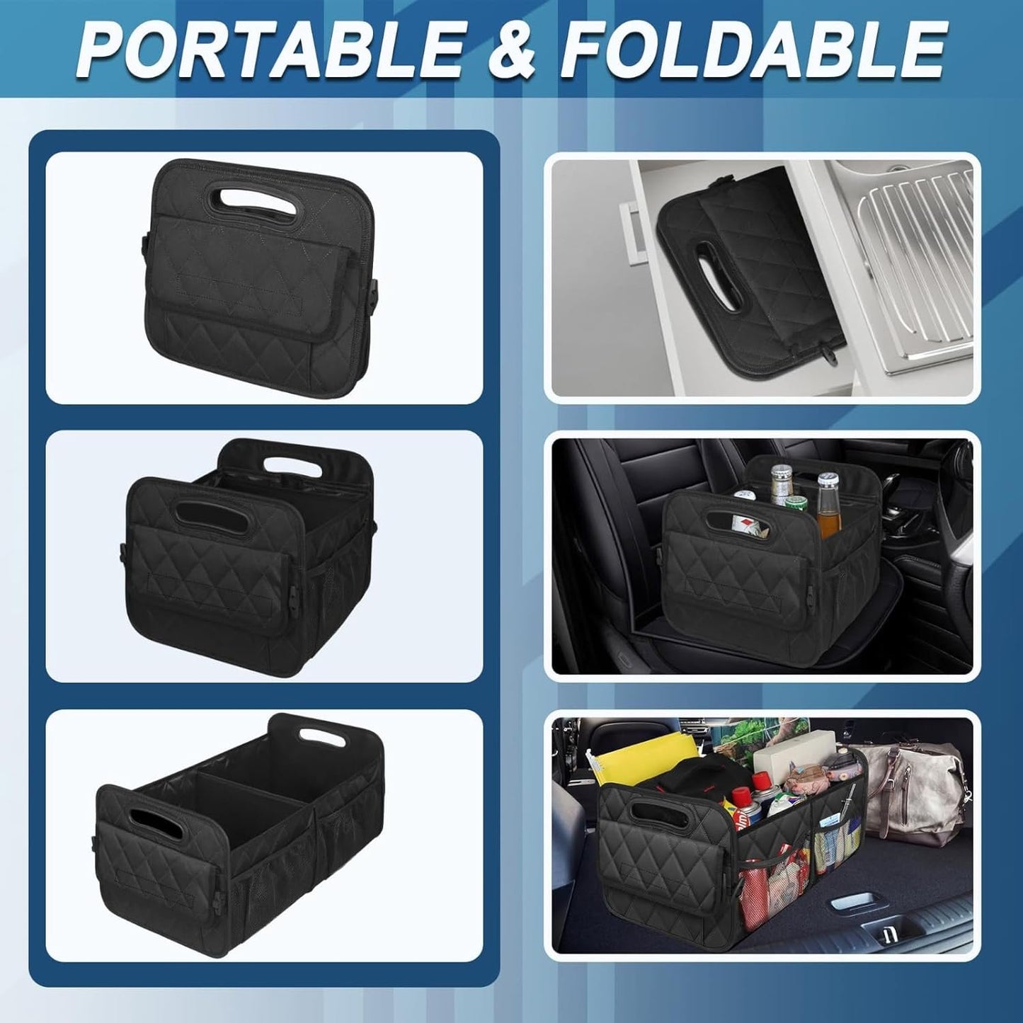 Car Trunk Organizer for SUV, 50L Waterproof Storage with 6 Pockets, Car Accessories for Women/Men, Black Polyester Organizer