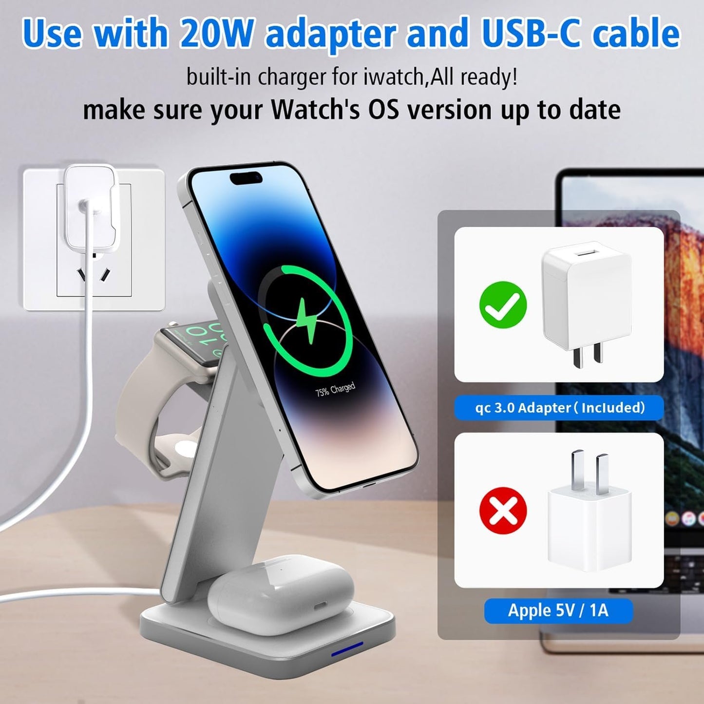 3 in 1 Magnetic Wireless Charger,Foldable Wireless Charging Station for Apple Watch Series 10/9/Ultra 2/8/7/SE/SE2/6/5/4,iPhone 16 Pro Max/16/15/14/13/Pro,AirPods 3/Pro/2 Mag Safe Charger Stand Dock