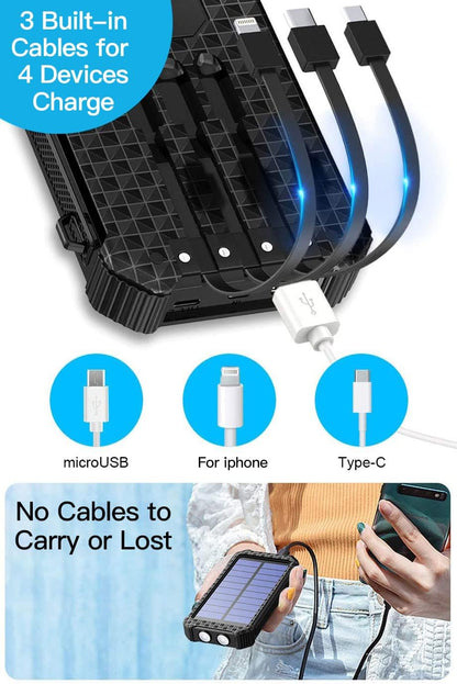 Solar Power Bank 30000mAh Built in 3 Cables, Fast Charging Portable Phone Charger,4 Outputs with Dual LED Flashlights Battery Pack for iPhone Samsung Tablet Outdoor Camping (Black)