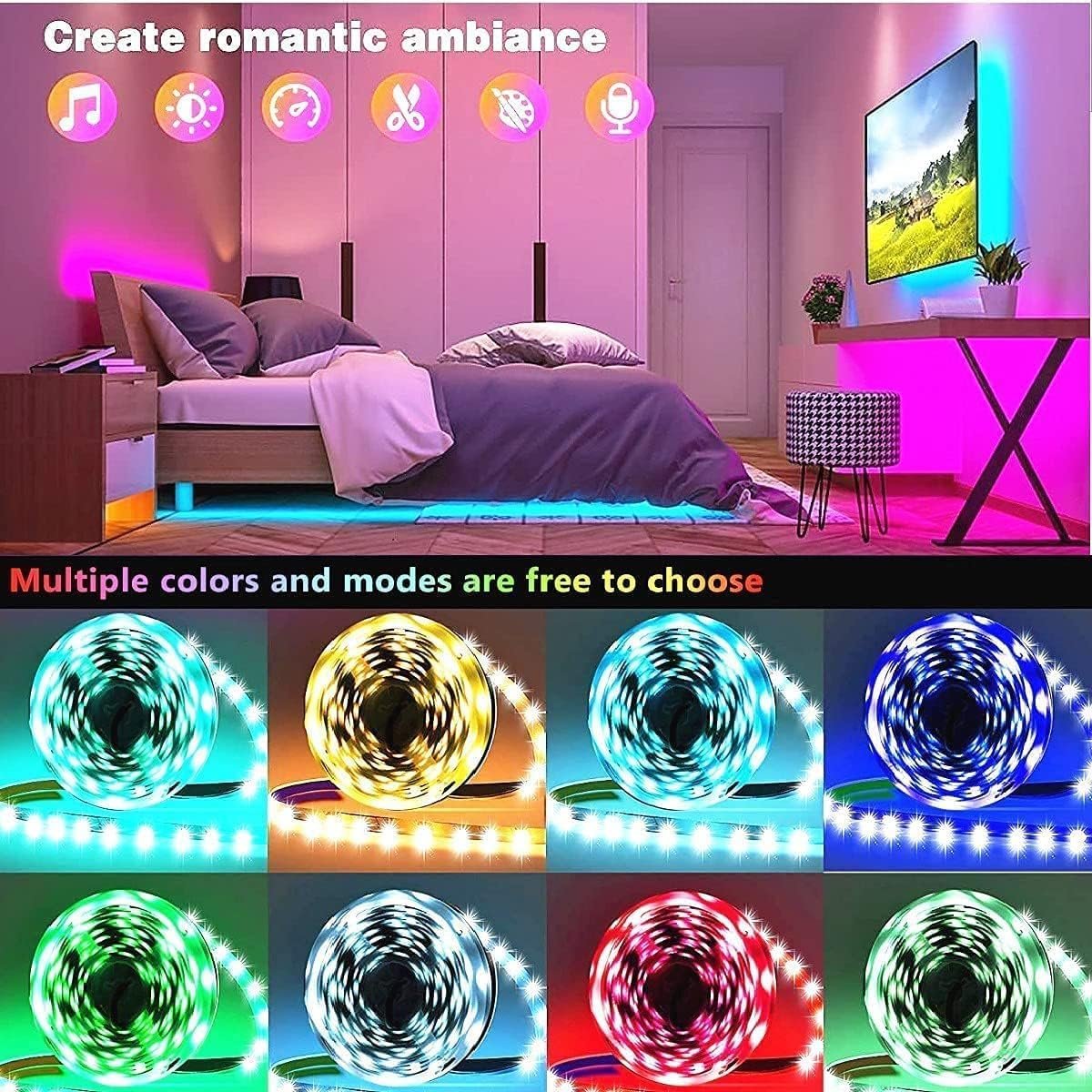 smareal Led Lights Strip for Bedroom 100ft（2Rools of 50ft）, Smart APP Control Music Sync Led Strip Lights RGB Color Changing Led Lights Strips with Remote Led Lights for Bedroom Kitchen and Party