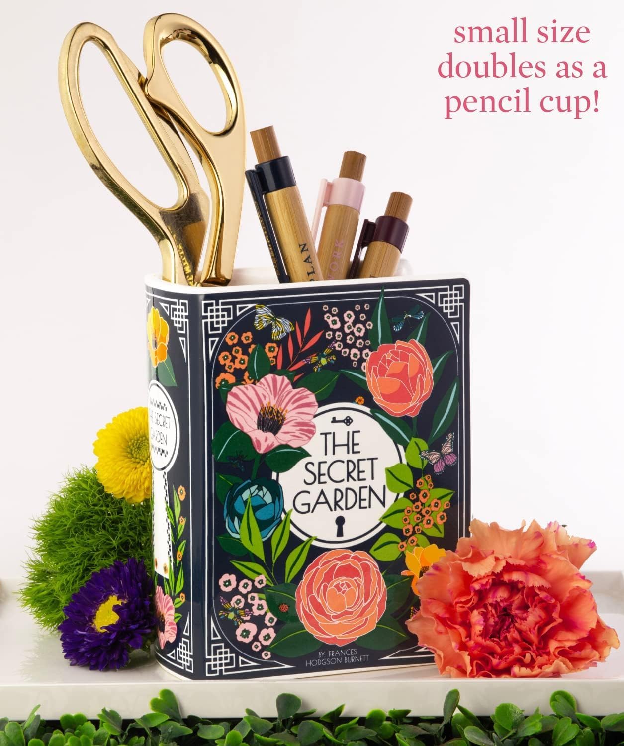 Book-Shaped Decorative Vase, Ceramic Vases for Home Decor, Cute Bookshelf Decor, Unique Vase for Book Lovers (Small - Secret Garden)