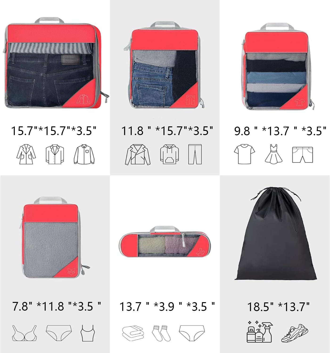 Rantuia Compression Packing Cubes, 6pcs Set, Water Proof Nylon Material, Breathable, 70% Compression, Compression Packing Cubes for Travel, Lightweight compression Packing Cubes Kit.(Red)