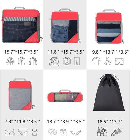 Rantuia Compression Packing Cubes, 6pcs Set, Water Proof Nylon Material, Breathable, 70% Compression, Compression Packing Cubes for Travel, Lightweight compression Packing Cubes Kit.(Red)