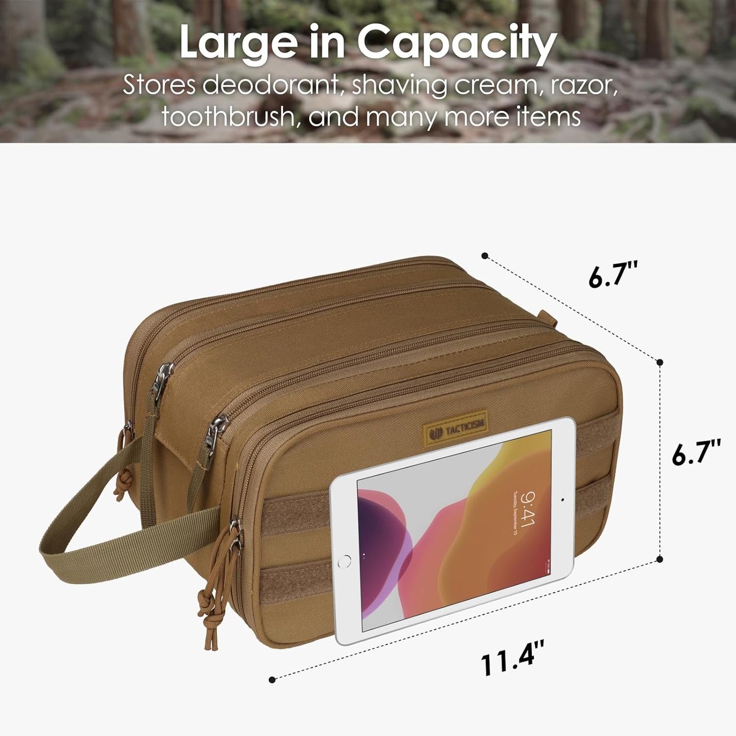 TACTICISM Toiletry Bag for Men Travel Bag, Dry Wet Separate Travel Toiletry Bag, Tactical Molle Dopp Kit for Men with Large Capacity, Water-Resistant Shaving Bag for Adult Women for Travel, C-Brown