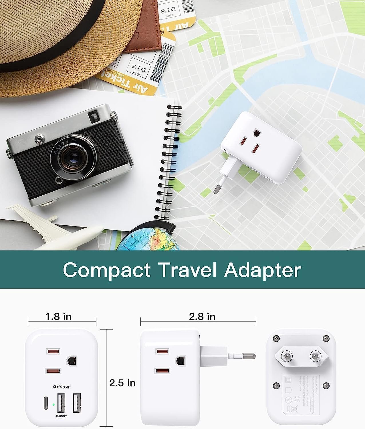 European Travel Plug Adapter, International Power Plug Adapter with 3 Outlets 3 USB Charging Ports(1 USB C), Travel Essentials to Italy,Greece,Israel,France, Spain (Type C)