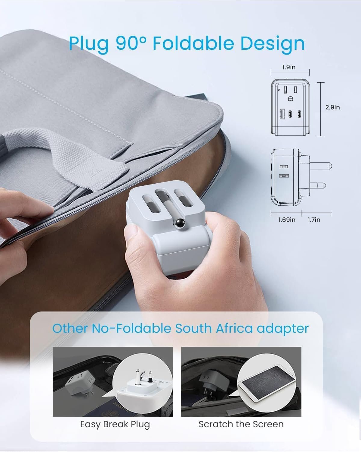 2 Pack South Africa Plug Adapter, VINTAR Foldable Type M Travel Adapter with 4 AC Outlets and 3 USB Ports(2 USB C), Travel Essentials for Canada to South Africa Bhutan Namibia Nepal