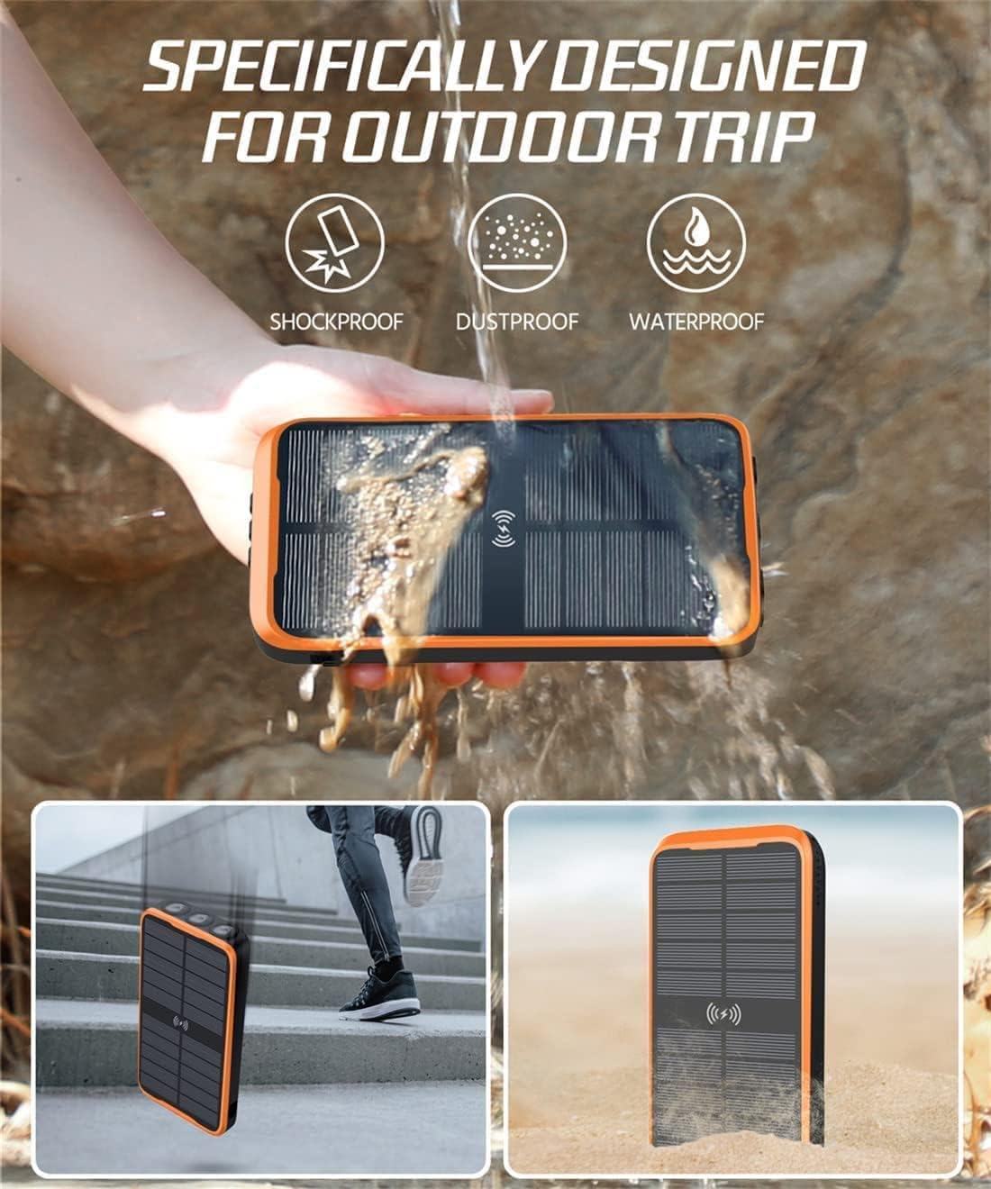 2025 Upgraded Solar Power Bank, 26800mAh with 4x Foldable Solar Panels Built-in 2 Output & 1 Input Cables PD 20W QC3.0 18W Fast Charging and Qi 10W Wireless Charging 6W Solar Charging Portable Charger