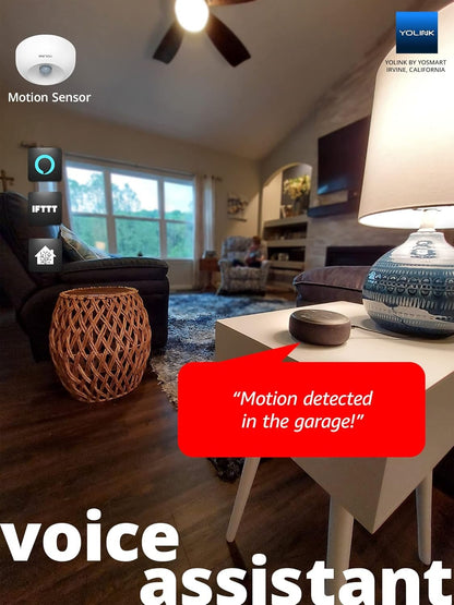 YoLink SpeakerHub & Two Motion Sensor Smart Home Starter Kit – Audio Hub Plays Tones/Sounds, Spoken Messages, LoRa-Powered ¼ Mile Range