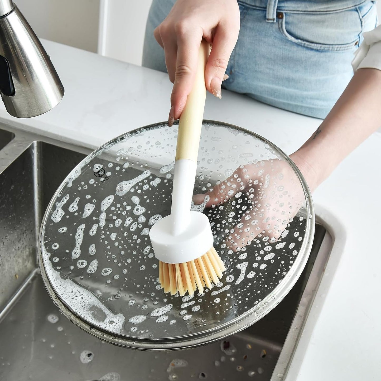 NINU Dish Brush with Handle with 3 Replacement Heads, Eco Brosse Vaisselle, Dish Scrub Brush, Dish Scrubber Brush, Vegetable Brush, Wok Brush for Cleaning Kitchen Utensils