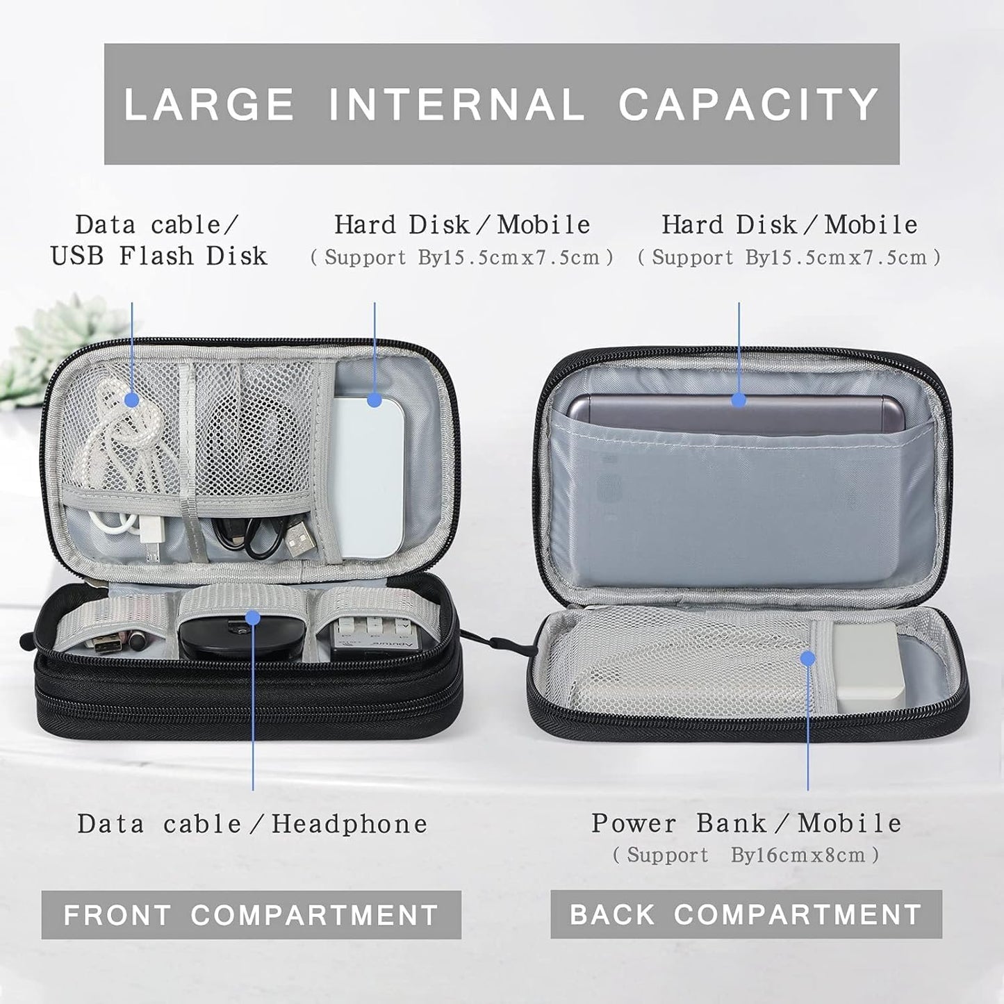 CAOODKDK Electronics Accessories Cases, Travel Cable Organizer Pouch Bag, Portable Waterproof Double-Layer All-in-One Storage Bag, Charger&USB Cable/Power Bank/Magic Mouse/Earphones (Black)