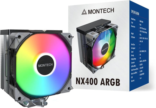 MONTECH NX400 ARGB - CPU Cooler, Single Tower, 4 Advanced Heat Pipes, 52-fin Heat Sink, E28, 120mm FDB Static Pressure Fan, 28mm Fan Thickness, Corner-Cover Footpads, Polished Top Cover, ARGB - Black