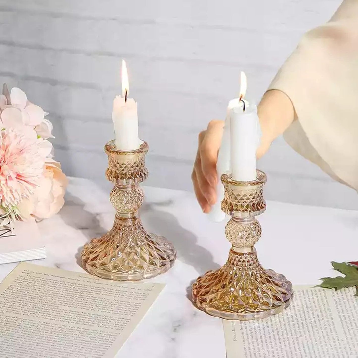 2pcs Candlestick Holders, Taper Candle Holders Glass, Candle Pillar Stands for Table Mantel Wedding Housewarming Gift Home Decoration (Gold 2pcs)