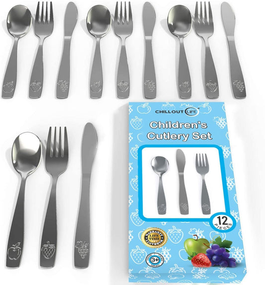 CHILLOUT LIFE 12 Piece Stainless Steel Kids Silverware Set | Child Safe Flatware | Kids Utensil Set | Metal Kids Cutlery Set Includes 4 Small Kids Spoons 4 Forks & 4 Knives