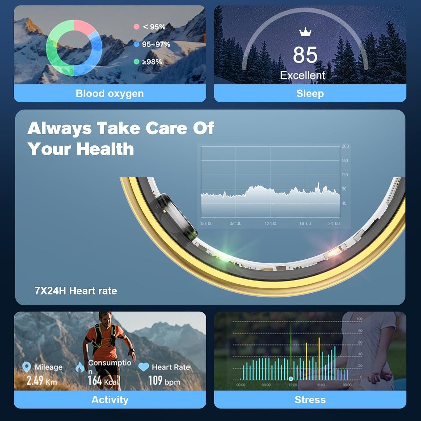 MagLoop Smart Ring Health Tracker for Men/Women,Fitness Ring Sleep Tracker,Fast Charging for Long-Lasting Use,for Pedometer Exercise,Monitor Sleep, Heart Rate, Stress,Waterproof (Gold, 8)