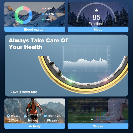 MagLoop Smart Ring Health Tracker for Men/Women,Fitness Ring Sleep Tracker,Fast Charging for Long-Lasting Use,for Pedometer Exercise,Monitor Sleep, Heart Rate, Stress,Waterproof (Gold, 8)