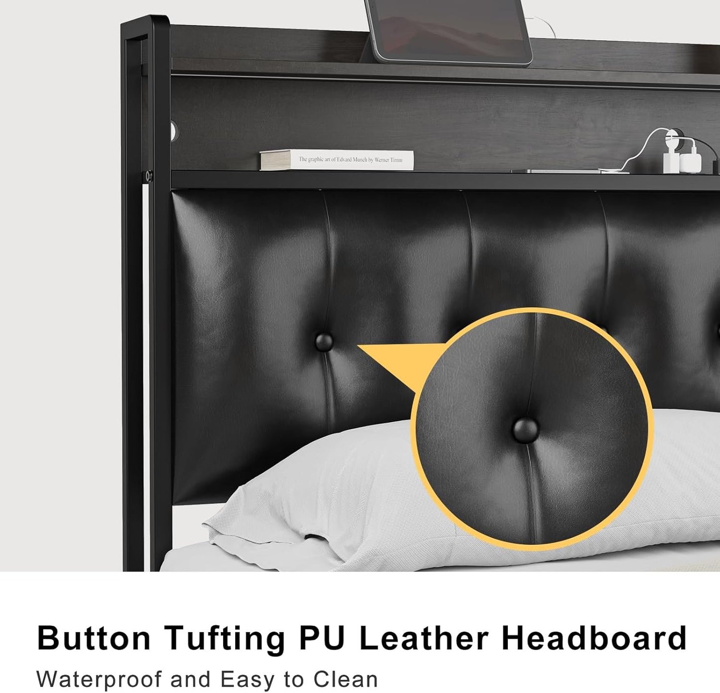 HAUSOURCE Queen Bed Frame with Storage Headboard LED Lights Charging Station Leather Upholstered Platform Bed Frame Queen Size with Non-Slip Without Noise No Box Spring Needed Black
