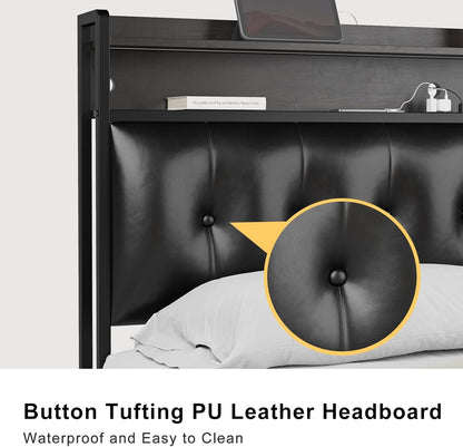 HAUSOURCE Queen Bed Frame with Storage Headboard LED Lights Charging Station Leather Upholstered Platform Bed Frame Queen Size with Non-Slip Without Noise No Box Spring Needed Black