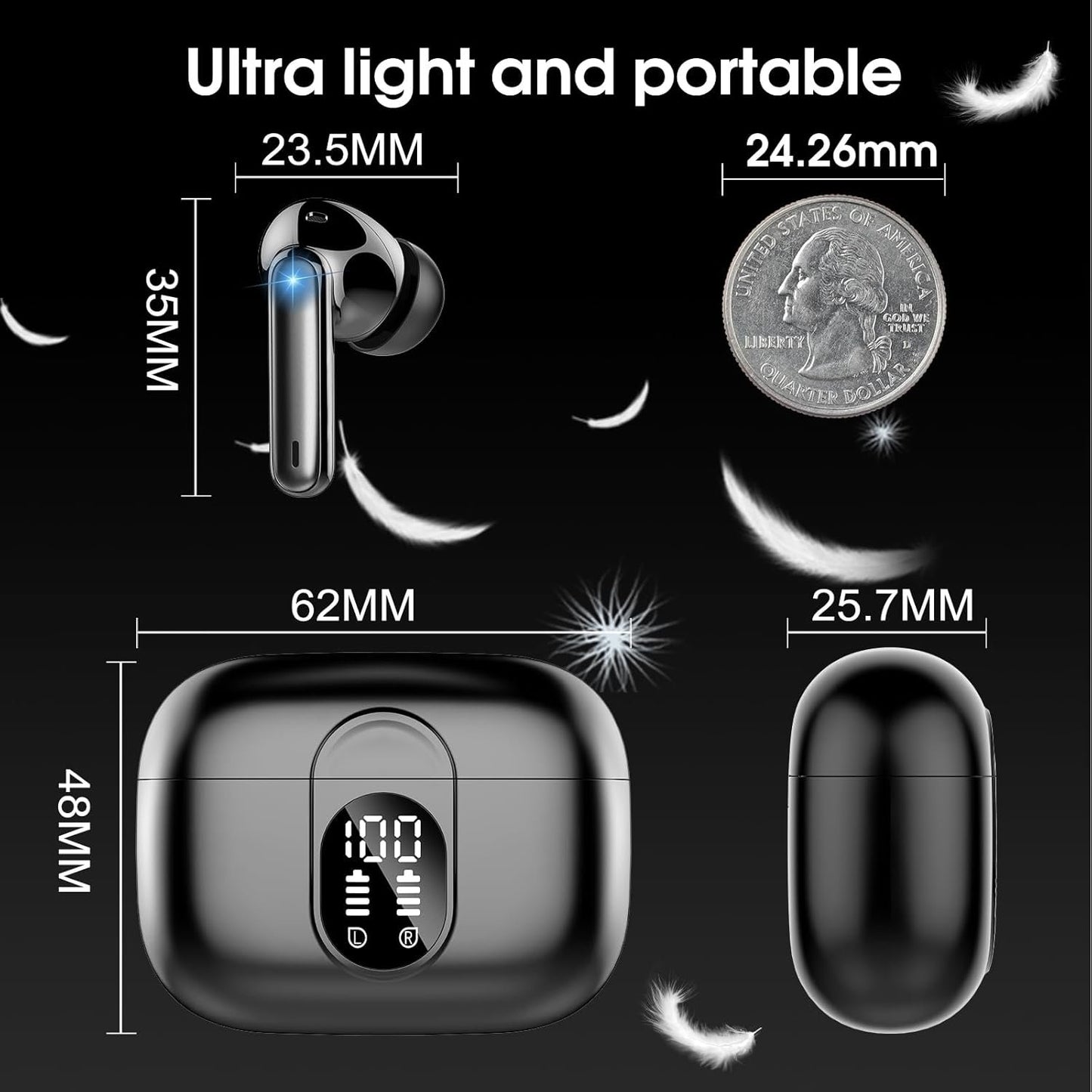 Wireless Earbuds, 2025 Bluetooth 5.3 Headphones HiFi Stereo Ear Bud, 40Hrs Playtime Bluetooth Earbuds with 4 ENC Noise Cancelling Mics, IP7 Waterproof, LED Display Wireless Earphones for Android/iOS
