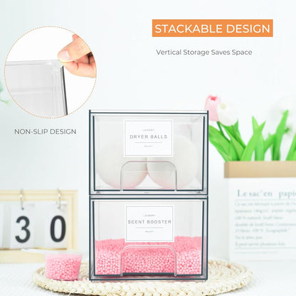 4 Pack Laundry Room Organization Storage Drawers with Labels, Clear Stackable Dryer Sheet Holder and Pod Containers, Detergent Dispenser for Laundry Room Organizing and Decor