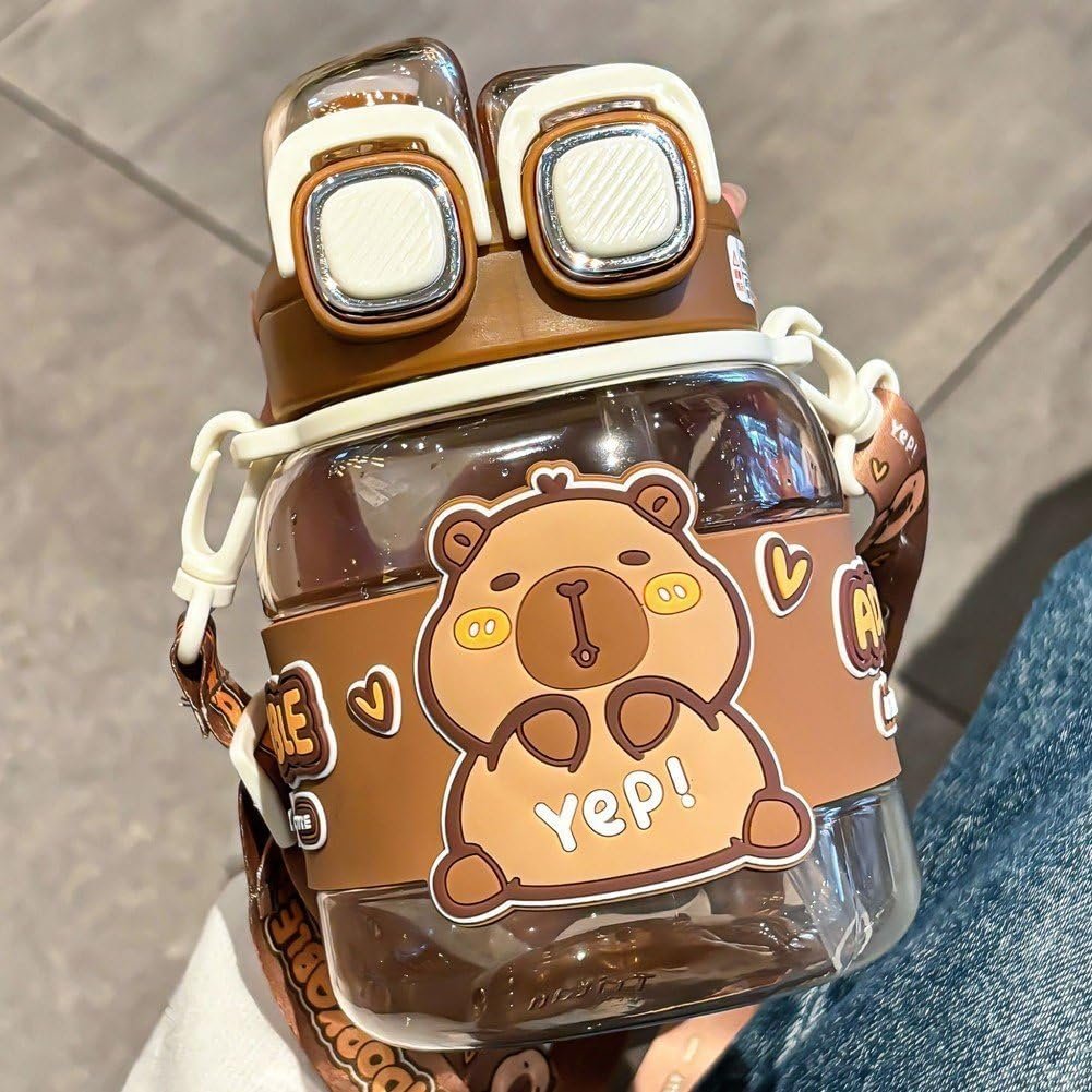 Capybara Water Cup with Straw Cute Water Bottle Kawaii Drink Jug for Kids and Girls in School Office on Travel