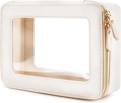 Makeup Bag for Women, Clear Cosmetic Bags Travel Toiletry Bag, Heavy Duty Makeup Organizer, Cute Makeup Case Bag Accessories with Clear Windows & Gold Zippers(White)
