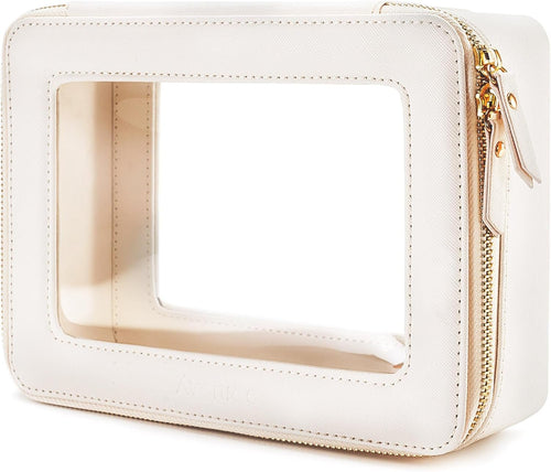 Makeup Bag for Women, Clear Cosmetic Bags Travel Toiletry Bag, Heavy Duty Makeup Organizer, Cute Makeup Case Bag Accessories with Clear Windows & Gold Zippers(White)